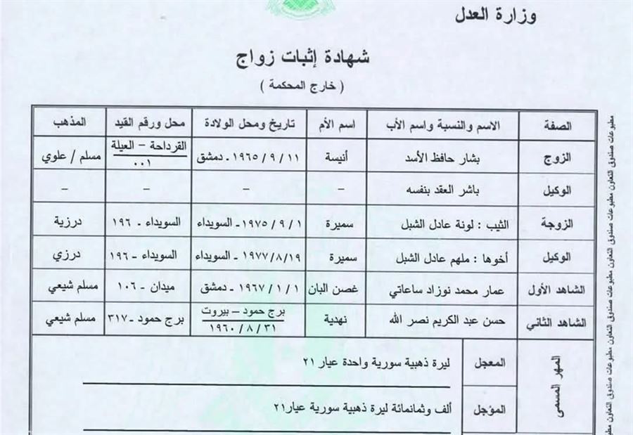 حقيقة وثيقة زواج بشار الأسد من لونا الشبل
