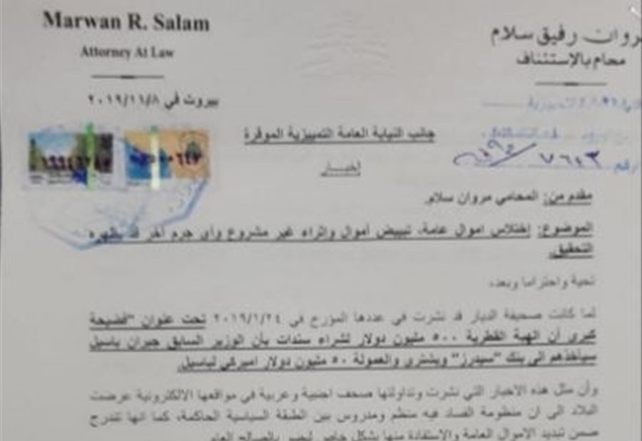 إخبار ضد باسيل بجرم اختلاس أموال عامة وتبييض الأموال