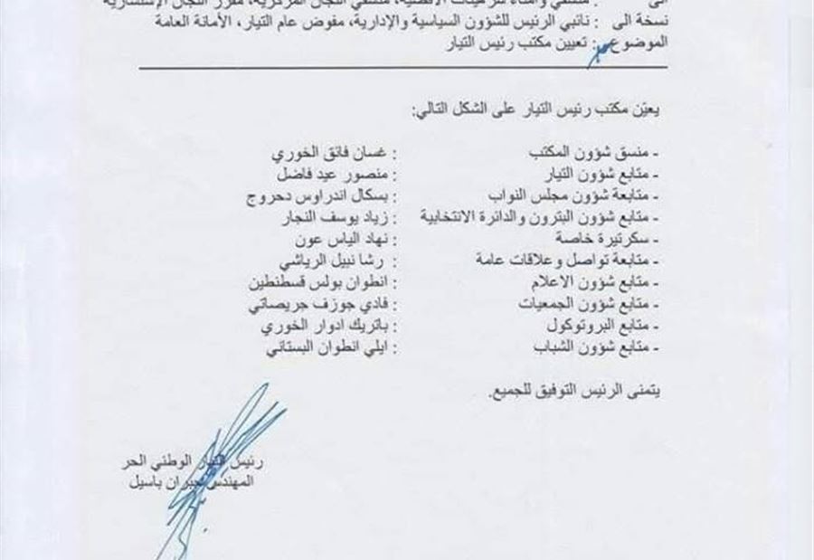 بالاسماء: تعيينات جديدة في مكتب باسيل