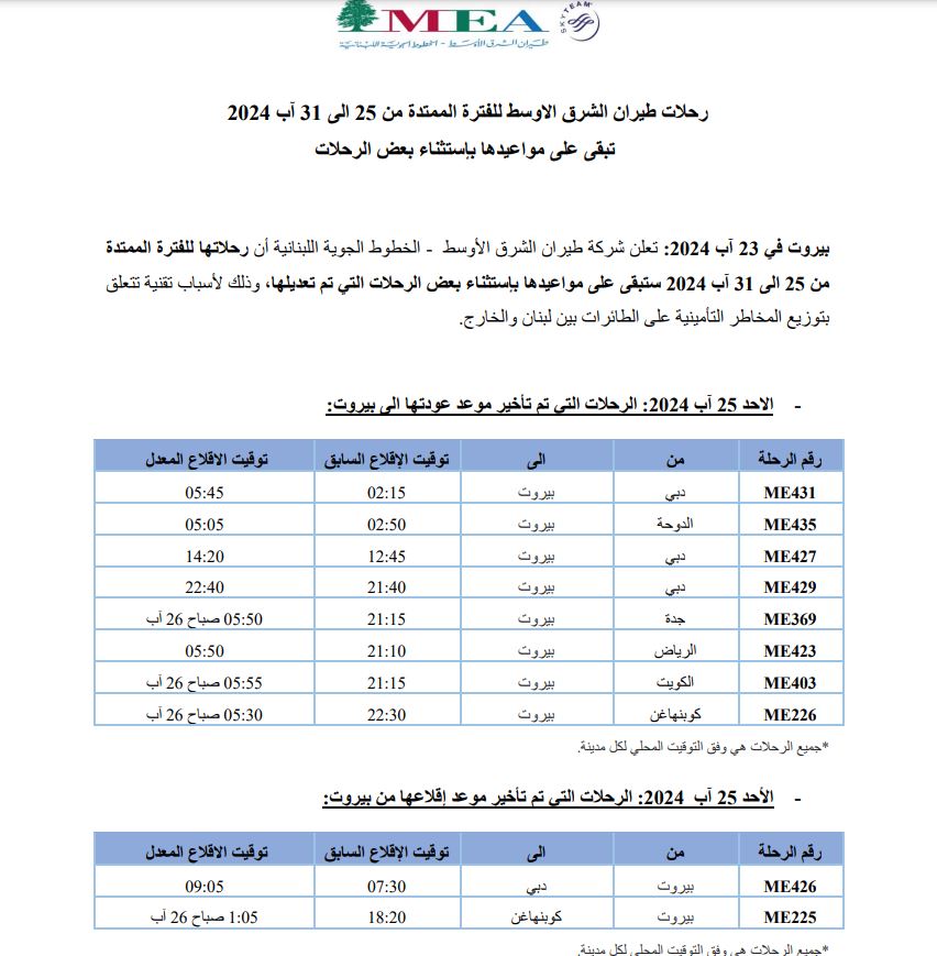 بيانٌ من "الميديل إيست" بشأن تعديل مواعيد بعض الرحلات!