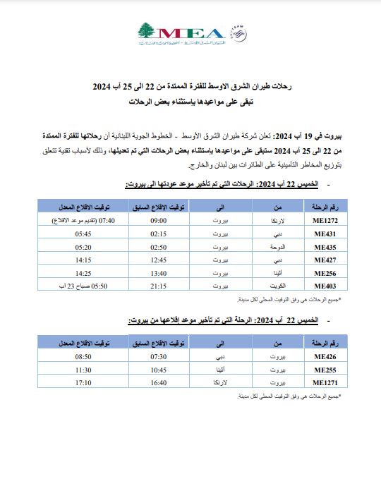 "الشرق الأوسط": تعديل في بعض مواعيد الرحلات