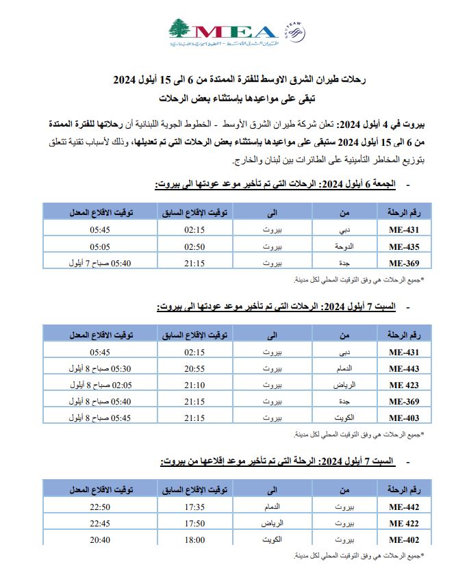 "الشرق الأوسط" يعدّل بعض رحلاته 